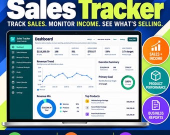 Puede incluir: Una pantalla de portátil que muestra el panel de control SmartToolLab Sales Tracker con tendencias de ingresos, resúmenes y gráficos de rendimiento. La interfaz incluye etiquetas de texto como Sales Tracker, Dashboard y Revenue Trend.