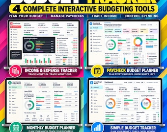 May include: A digital bundle featuring four interactive budget tracker tools displayed on laptop screens. The interface includes dashboards for income, expenses, savings, and spending breakdowns with charts and tables. Text includes Budget Tracker, 4 Complete Interactive Budgeting Tools, Income & Expense Tracker, Paycheck Budget Planner, Monthly Budget Planner, and Simple Budget Tracker.