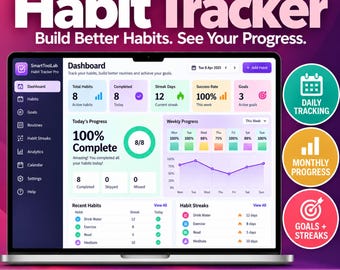 Puede incluir: Una interfaz digital de seguimiento de hábitos mostrada en una pantalla de portátil, que presenta un panel con gráficos de progreso, contadores de rachas y seguimiento de objetivos. La interfaz incluye etiquetas de texto como Dashboard, Total Habits y Weekly Progress, con iconos coloridos y visualizaciones de datos para el monitoreo diario.