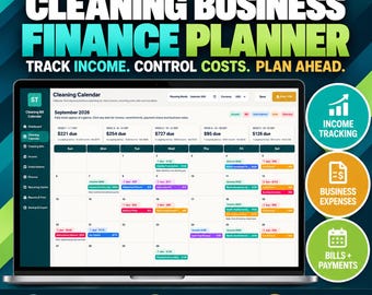 Puede incluir: Un planificador financiero digital para empresas de limpieza en la pantalla de una computadora portátil. La interfaz muestra un calendario de septiembre de 2026 con seguimiento de ingresos y gastos. El texto incluye SmartToolLab, Cleaning Business Finance Planner, Track Income, Control Costs, Plan Ahead, Income Tracking, Business Expenses, Bills + Payments, Instant Download, Easy To Use y No Subscription.