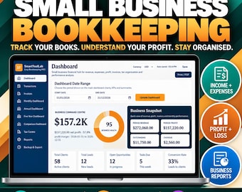 Puede incluir: Una pantalla de ordenador que muestra el panel de control de contabilidad para pequeñas empresas SmartToolLab. La interfaz presenta datos financieros, incluyendo ingresos, beneficios y salud empresarial. Tres iconos circulares a la derecha destacan ingresos, beneficios e informes.