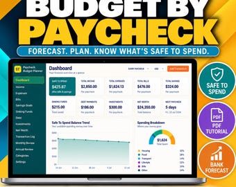 Puede incluir: Una interfaz de planificador de presupuesto digital mostrada en una pantalla de portátil titulada Ultimate Budget by Paycheck. El panel muestra métricas financieras que incluyen el saldo disponible, ingresos, gastos y ahorros.