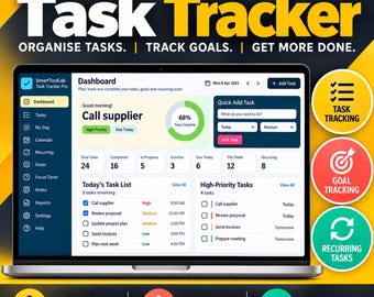 Puede incluir: Un panel de control digital de seguimiento de tareas en una pantalla de portátil, con secciones para listas de tareas, seguimiento de objetivos y trabajo recurrente. La interfaz incluye etiquetas de texto como SmartToolLab y Dashboard.