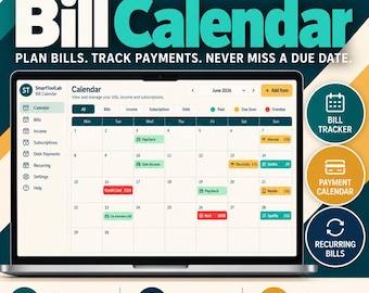 Puede incluir: Una interfaz de calendario de facturas digital en la pantalla de una computadora portátil, con una cuadrícula mensual para junio de 2026 con entradas codificadas por colores. El texto incluye SmartToolLab, Bill Calendar y Plan Bills.