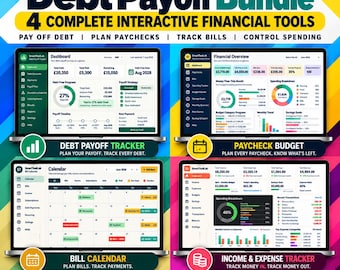 May include: A digital Debt Payoff Bundle featuring four interactive financial tools: a Debt Payoff Tracker, Paycheck Budget, Bill Calendar, and Income & Expense Tracker. Each tool displays detailed financial dashboards with charts, graphs, and tables.