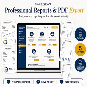 May include: A laptop screen displays the SmartToolLab Print Centre interface with options for Net Worth, Debt, Savings, Income, and Annual reports. Surrounding the laptop are printed financial report samples, PDF tutorial icons, and text labels.