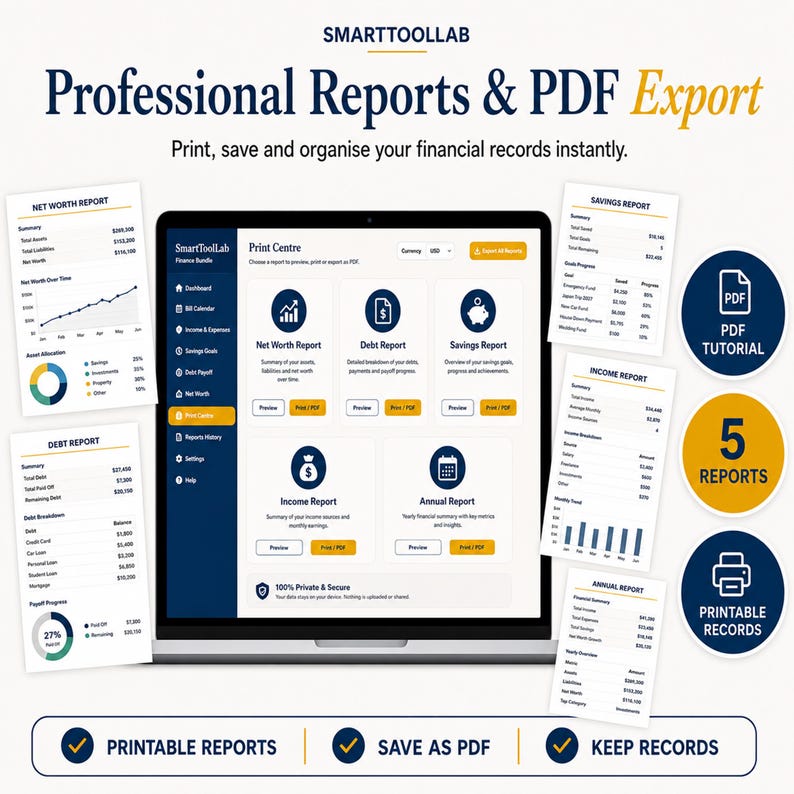 May include: A laptop screen displays the SmartToolLab Print Centre interface with options for Net Worth, Debt, Savings, Income, and Annual reports. Surrounding the laptop are printed financial report samples, PDF tutorial icons, and text labels.