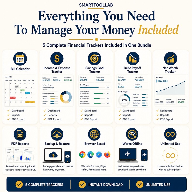 May include: A digital financial management bundle by SMARTTOOLLAB featuring five trackers: Bill Calendar, Income & Expense, Savings Goal, Debt Payoff, and Net Worth. Includes PDF export, backup, browser compatibility, offline access, and unlimited use.