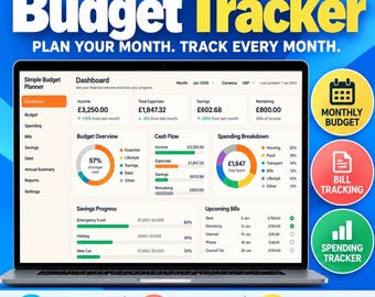 Puede incluir: Un rastreador de presupuesto digital en la pantalla de una computadora portátil, con un panel de control que muestra ingresos, gastos, ahorros y gráficos de desglose. Incluye secciones para presupuesto mensual y seguimiento de facturas.