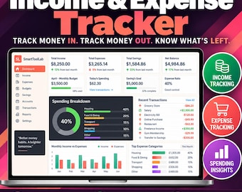 Puede incluir: Un panel digital de seguimiento de ingresos y gastos en la pantalla de una computadora portátil. La interfaz muestra resúmenes financieros, un gráfico circular de desglose de gastos, transacciones recientes y gráficos de barras. El texto incluye SmartToolLab, Income & Expense Tracker, Track Money In, Track Money Out, Know What's Left, Instant Download, Easy To Use y No Subscription.