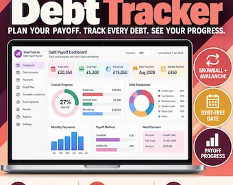 Puede incluir: Una pantalla de portátil que muestra el panel de control de pago de deudas SmartToolLab con métricas financieras, incluyendo una deuda total de 20.350 £, un anillo de progreso del 27%, gráficos de desglose de deuda y pagos mensuales.