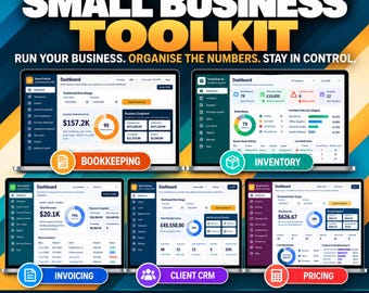 May include: A digital small business toolkit featuring five software dashboards for bookkeeping, inventory, invoicing, client CRM, and pricing. The graphic displays various financial charts, data tables, and business metrics on laptop screens.