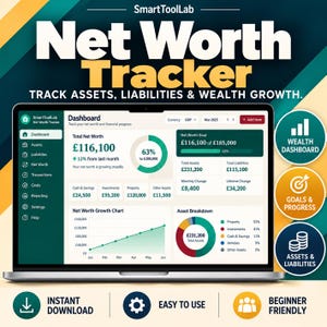 May include: A digital net worth tracker dashboard displayed on a laptop screen, featuring financial data, charts, and asset breakdowns. The interface includes sections for total net worth, goals, and asset categories with text labels in British pounds.