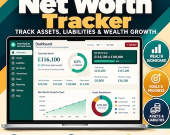 Puede incluir: Un panel digital de seguimiento del patrimonio neto en la pantalla de un portátil, con datos financieros, gráficos y desgloses de activos. La interfaz incluye secciones para el patrimonio neto total, objetivos y categorías de activos con etiquetas en libras.