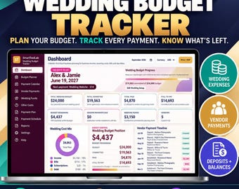 Puede incluir: Un rastreador digital de presupuesto de bodas en la pantalla de una computadora portátil, con un panel de control que muestra resúmenes financieros, cronogramas de pagos a proveedores y barras de progreso. Incluye el texto Wedding Budget Tracker.