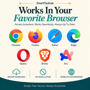 May include: A graphic featuring the text SmartToolLab, Works In Your Favorite Browser, Access Anywhere. Works Seamlessly. Always Up To Date. It displays icons for Chrome, Firefox, Safari, Edge, Opera, Brave, and Arc, plus Instant Download, No Installation, and Works In Your Browser icons.