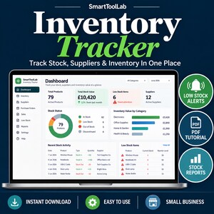 May include: A laptop screen displaying the SmartToolLab Inventory Tracker dashboard with data on total products, stock value, and low stock items. The interface includes a donut chart, bar graphs, and a list of recent stock activity and low stock items.