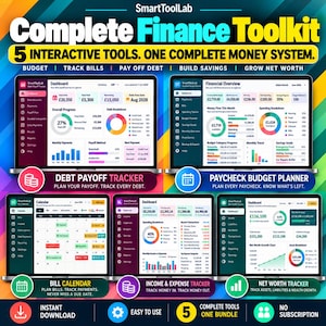 May include: A digital finance toolkit featuring five interactive tools for money management. The display shows a debt payoff tracker, paycheck budget planner, bill calendar, income and expense tracker, and net worth tracker with colorful charts.