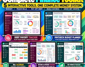 Puede incluir: Un kit de herramientas financieras digitales con cinco funciones interactivas para la gestión del dinero. La pantalla muestra un rastreador de deudas, planificador de presupuesto, calendario de facturas y gráficos coloridos de seguimiento.