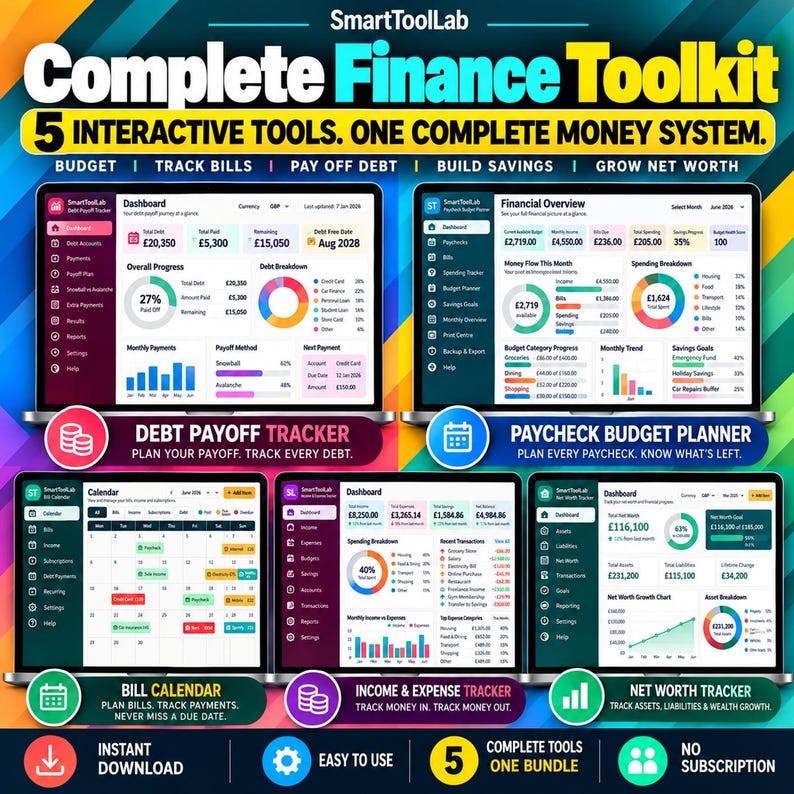May include: A digital finance toolkit featuring five interactive tools for money management. The display shows a debt payoff tracker, paycheck budget planner, bill calendar, income and expense tracker, and net worth tracker with colorful charts.