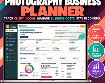 Puede incluir: Un planificador digital de negocios de fotografía en una pantalla de portátil, con un panel de control para seguimiento financiero, ingresos de clientes y costes. La interfaz incluye gráficos, tablas y etiquetas para gestionar gastos e ingresos.