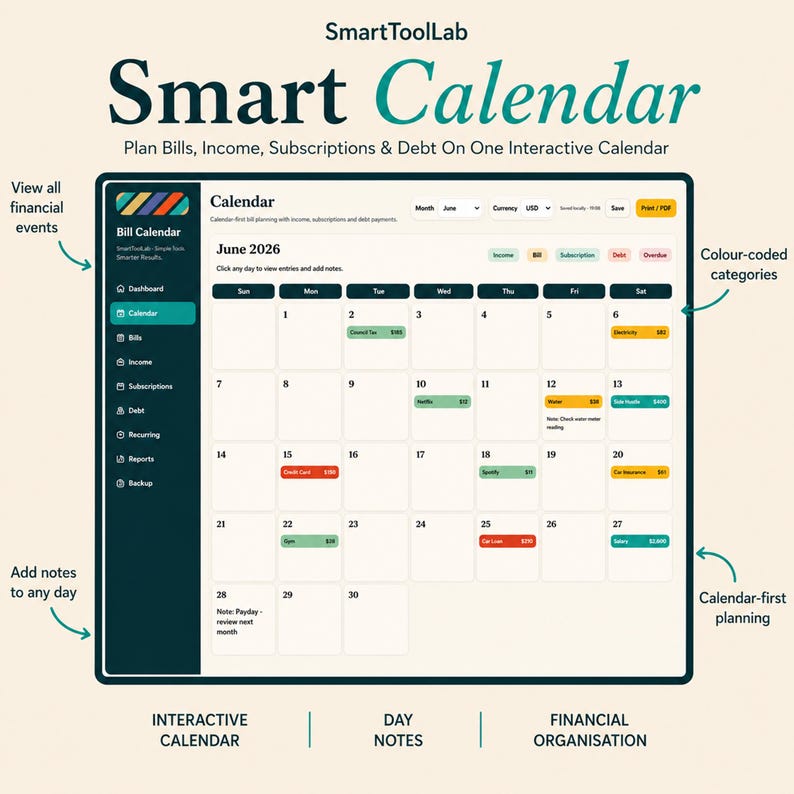 May include: A digital Smart Calendar interface by SmartToolLab for planning bills, income, subscriptions, and debt. The screen displays a June 2026 monthly view with color-coded financial categories, sidebar navigation, and interactive day notes.