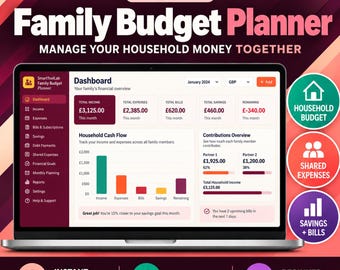 Puede incluir: Un planificador de presupuesto familiar digital SmartToolLab Ultimate en la pantalla de una computadora portátil. El panel muestra datos financieros que incluyen ingresos, gastos, facturas, ahorros y gráficos de flujo de caja. Tres iconos circulares destacan las funciones de presupuesto familiar, gastos compartidos y ahorros.