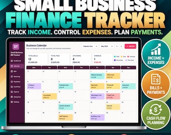 Puede incluir: Un rastreador financiero digital para pequeñas empresas en la pantalla de una computadora portátil, con una interfaz de calendario, facturas codificadas por colores y un menú lateral. Incluye el texto: SmartToolLab, SMALL BUSINESS FINANCE TRACKER.