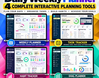 May include: A digital bundle featuring four interactive planning tools: a weekly planner, task tracker, habit tracker, and goal planner. Each tool displays a dashboard interface with charts, progress bars, and task lists on a laptop screen.