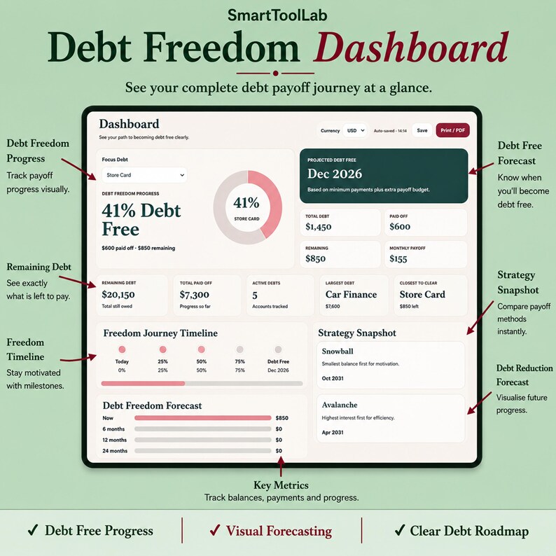 May include: A digital Debt Freedom Dashboard interface by SmartToolLab featuring a 41% debt free progress circle, a projected debt free date of Dec 2026, a freedom journey timeline, and strategy snapshots for snowball and avalanche payoff methods.