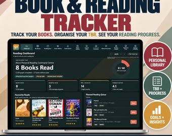Puede incluir: Un panel de control digital para el seguimiento de libros y lecturas en la pantalla de un portátil. La interfaz muestra estadísticas de lectura, incluyendo 8 libros leídos, un círculo de progreso y una lista de favoritos.