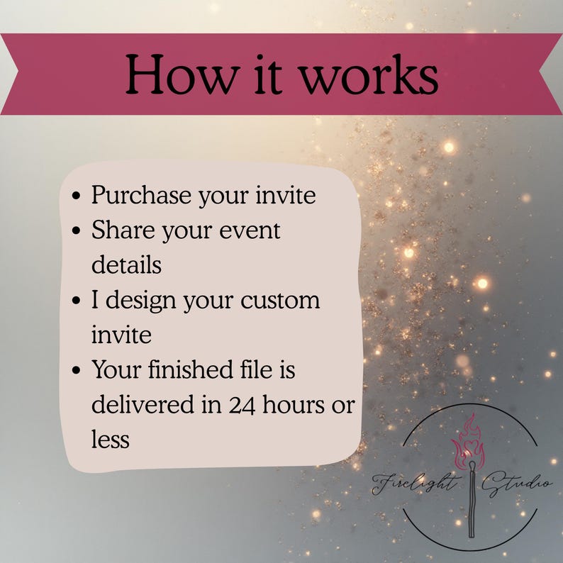 May include: A graphic with the text "How it works" in a burgundy banner. Bullet points detail the process: purchase invite, share details, custom design, and delivery in 24 hours or less. The Firelight Studio logo is in the bottom right.