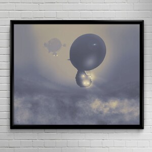 May include: A black and white image of two airships flying through a cloudy sky. The larger airship is round and has a light on the bottom. The smaller airship is more rectangular and has a light on the top.