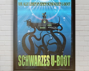 Black Submarine Art Print -- sci-fi, steampunk, dieselpunk -- JULES VERNE + BEATLES!