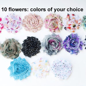 Printed Shabby Flowers - Chiffon Frayed Flowers - Fabric Flowers - Wholesale Fabric Flower Set - Your Choice of 10 Fabric Flowers - REGULAR