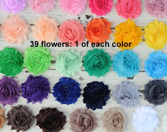 Fabric Flowers - Shabby Flowers - Chiffon Frayed Flowers - Set of 39 - 1 of Each Color - Wholesale Fabric Flowers - 2.5" Flower - REGULAR