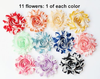 Shabby Striped Flowers - Wholesale Fabric Flowers - 11 flowers - 1 x EACH COLOR - Chiffon Flower Rosettes - Flower Trim - Wholesale Flowers