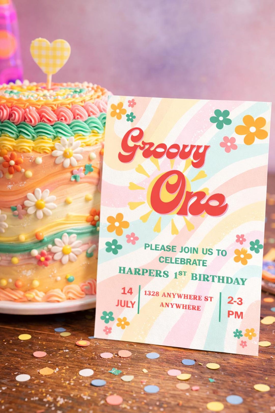Groovy One Birthday Invitation | Retro Daisy, Editable Canva Template ...