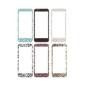May include: Six smartphone cases with leopard print designs in various colors, including teal, brown, and pink. Each case has a white interior, and the leopard patterns vary in size and color intensity.