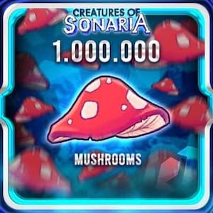 May include: A digital illustration featuring a red mushroom with white spots, set against a blue background. The text reads "Creatures of Sonaria" and "1.000.000 Mushrooms". The image has a cartoonish style with a vibrant color palette.