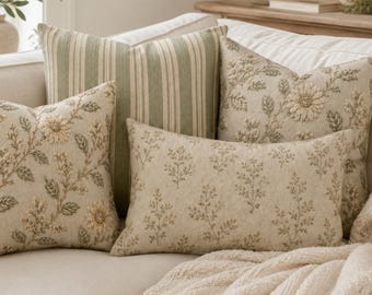Faux Embroidery Floral Pillow Cover, Sage Green Botanical Cushion, Neutral Coastal Pillow, Cottage Floral Lumbar, Printed Vintage Decor