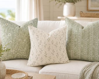 Sage Green Coastal Wildflower Pillow Cover,Hamptons Cottage Decor,Quiet Luxury Botanical Pillow,Designer Inspired Coastal Floral Pillow Case