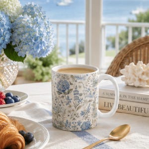 Blue Hydrangea Coastal Cottage Mug, Nancy Meyers Inspired Coffee Mug, Hamptons Floral Mug, Coastal Grandmother Gift