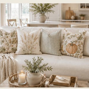 Coastal Autumn Pillow Cover Mix and Match Set,Sage Botanical Pillows,Pumpkin Throw Pillow,Neutral Fall Decor,Hamptons Coastal Cushion Covers