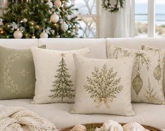 Sage Green Christmas Pillow, Neutral Holiday Decor, Vintage Christmas Tree Pillow, Coastal Cottage Decor Christmas Pillow Cover,