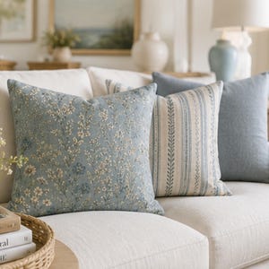 Coastal Blue Designer Inspired Floral Pillow Cover, Harbor Meadow Collection, Cottage Throw Pillow Cover, Vintage Botanical Hamptons Decor