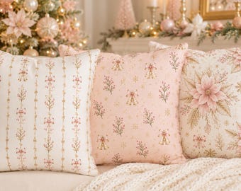 Weihnachtskissenbezüge in Rosa, Vintage-Kissen mit Blumenmuster für die Feiertage, Weihnachtsdeko im Küstenstil mit rosa Weihnachtssternen, Wintergarten in Rosa