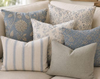 Blue Coastal Floral Pillow Collection | Hamptons Pillow Set | Nancy Meyers Decor | Cottage Blue Throw Pillows | Mix and Match Set