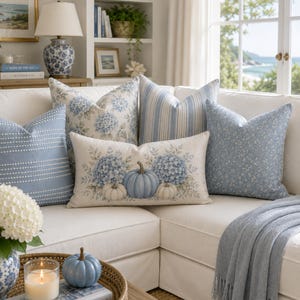 Designer Inspired Blue Pumpkin & Hydrangea PRINTED Pillow Cover, Coastal Autumn Throw Pillow, Hamptons Style Decor, Blue Fall Cushion Cover