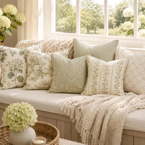 Collezione di federe per cuscini con stampa di salvia e ortensie, stile Hamptons, set da cottage costiero, federa per cuscino decorativo floreale color salvia, lusso, mix and match, decorazioni
